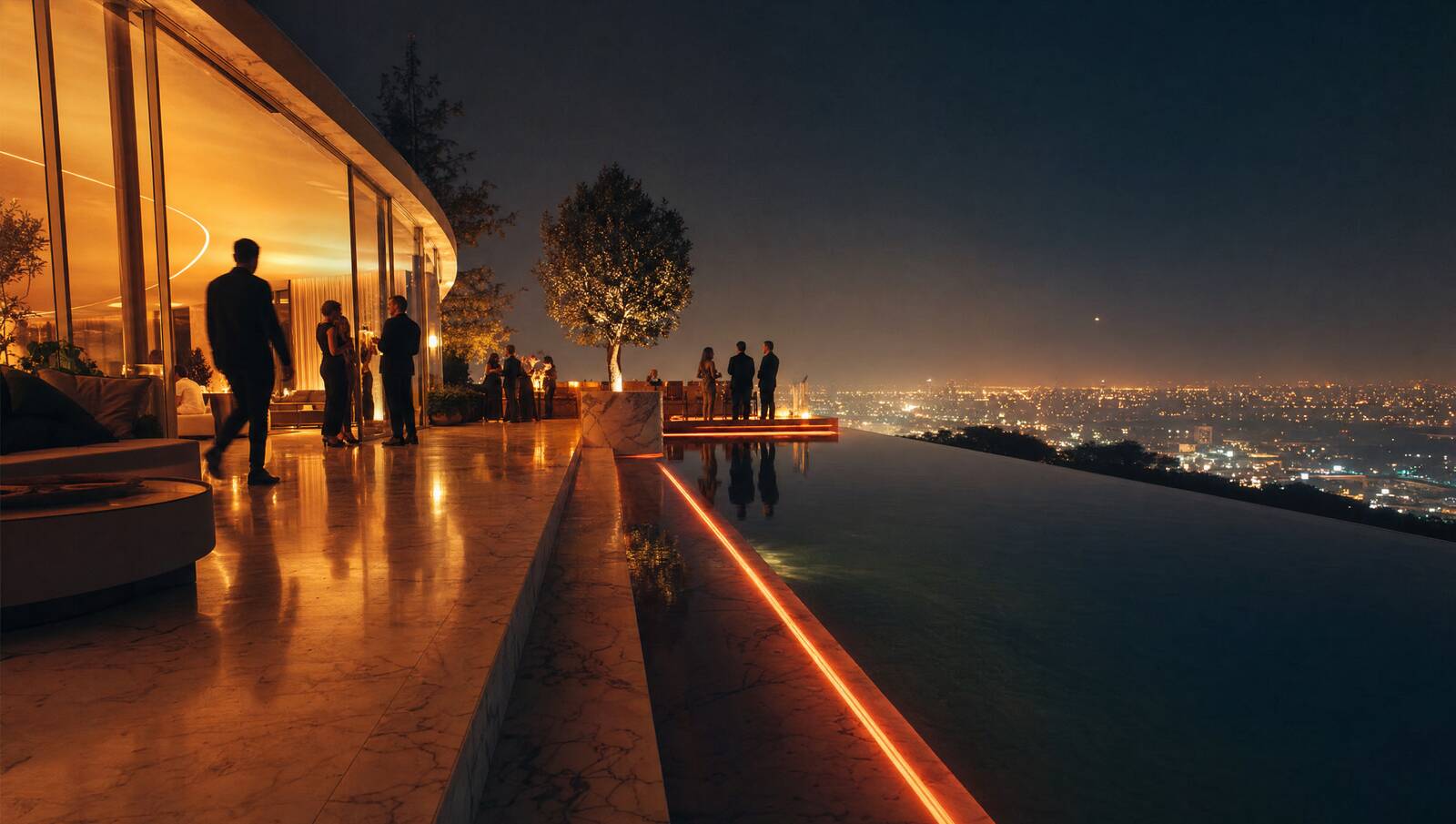 Illustration of a terrace at night high above a glowing city, a coral line running the length of the pool.