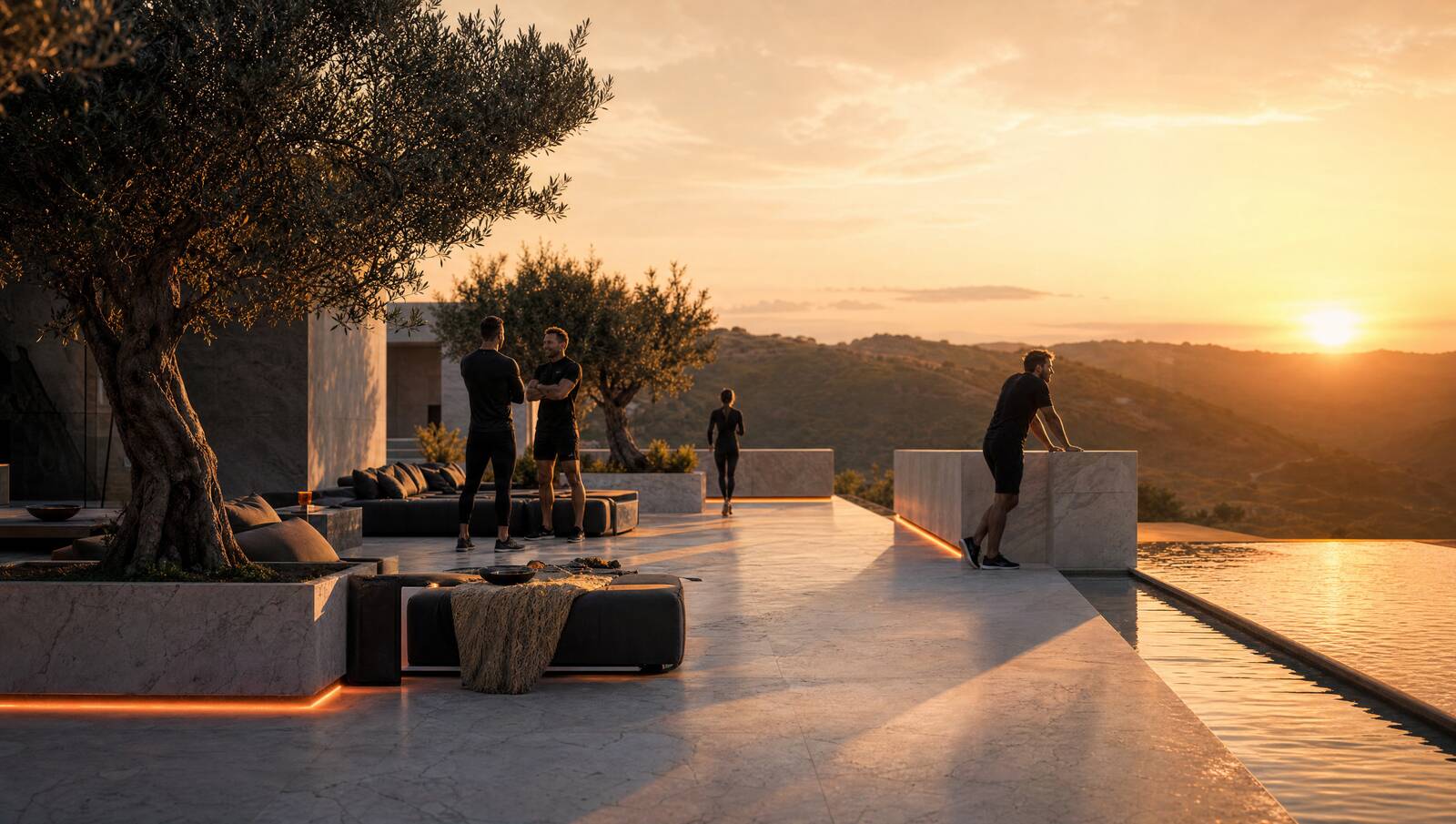 Illustration of a rooftop terrace at sunset — a small group in dark training gear beside a long pool overlooking hills.